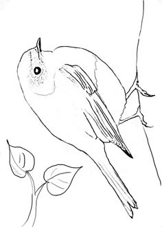 a black and white drawing of a bird on a branch