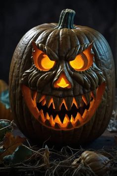 a carved pumpkin with glowing eyes and mouth