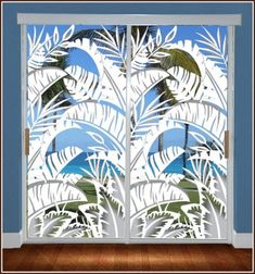 an open window with palm trees and blue sky in the background, on top of a wooden floor