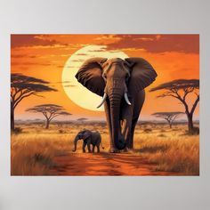 an elephant and her baby walking in the sunset