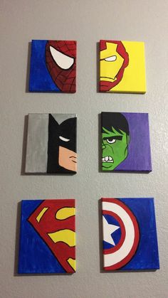 four paintings of superheros are hanging on the wall in different colors and shapes,