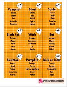 halloween word family game with pumpkins and ghost faces on orange grid paper, which includes words that spell out their names