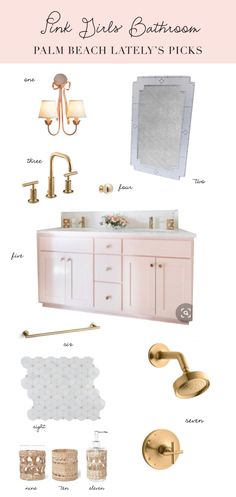 pink and gold bathroom decor with text overlay that reads pink silver bathroom palm beach lately's picks