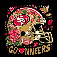 a san francisco football helmet with flowers and hearts around it that says go nn