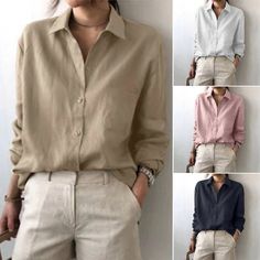 Casual Loose OL Shirts Spring Autumn Long Sleeve Business Blouse – lastrafashion Linen Shirts Women, Woman Casual, Casual Shirt Women, Unique Top, Women's Blouses, Sleeves Clothing, Solid Color Shirt, Collars For Women, Color Shirt