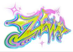 the word zap is painted in neon colors and has stars on top of it