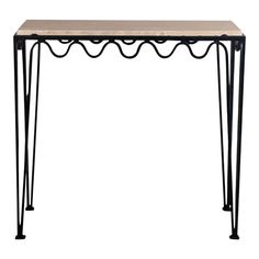 an iron and wood console table with two legs, one on top of the other