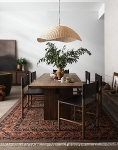 a dining room table with chairs and a potted plant hanging from it's ceiling