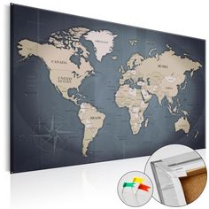 a world map with magnets on the wall