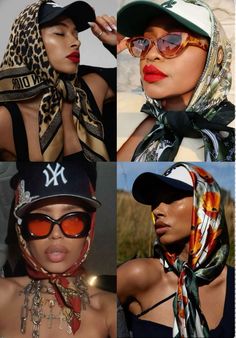 Cool 90s Aesthetic, Snapback Women Outfits, Scarf With Sunglasses, Headscarf Styles Outfit, Ny Fitted Hat Outfit Black Women, Silk Scarf And Hat, La Cap Outfit Street Style, Scarf Over Fitted Hat, Scarf With Cap Style