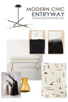 modern chic entryway mood board with black, white and gold accents