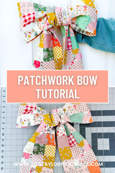 a bow made out of patchwork fabric with the words patchwork bow on it