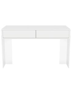 a white desk with two drawers on top and one drawer at the bottom, against a white background