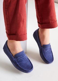 Blue Suede Loafers With Suede Lining, Blue Suede Moccasins With Stitched Sole, Navy Suede Slip-on Loafers, Blue Suede Moccasins With Rubber Sole, Classic Blue Suede Slip-ons, Blue Slip-ons With Suede Lining, Comfortable Blue Loafers With Rubber Sole, Blue Slip-on Loafers With Suede Lining, Comfortable Blue Loafers With Round Toe