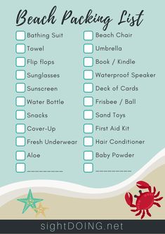 the beach packing list is shown in this printable file, which includes items to pack for