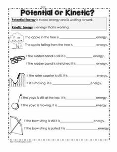 the worksheet for potential or kinetic is shown in black and white