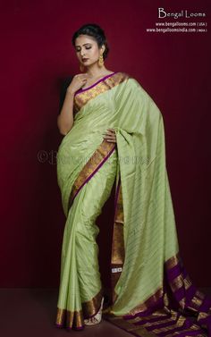 Soft Mysore Crepe Pure Silk Kanchipuram Saree in Tea Green, Cotton Dark Purple and Gold Tea Green, Purple Blouse, Kanchipuram Saree