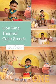 a little boy sitting in front of a cake smash with lion king and other animals around him