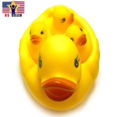 a yellow rubber ducky toy with four ducks in it's head and the words us seller written on its side