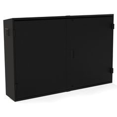 a black cabinet with two doors on the front and one door open to reveal something