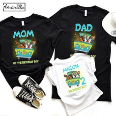 two t - shirts that say mom and dad of the birthday boy, one with an image of cartoon characters on it