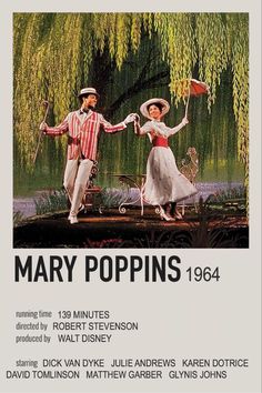 the poster for mary poppin's, starring as two people on a bridge