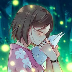 a girl in a kimono blowing her nose with fireflies flying around behind her