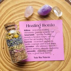 Healing Spell Bottle and Crystal Kit Healing from any type of emotional wound or physical ailment can be exhausting, but when the time is right, moving forward is necessary. The Healing Kit contains herbs and gemstones that are choosen specifically for their unique vibes and metaphysical properties of support and encouraging healing. Healing Bottle contains : 💜 Willow - powerful healing vibrations, guards against evil💜 Amaranth - speeds healing, mends a broken heart, can be used for all healin Bottle Spells, Healing Crystals Decor, Witch Aesthetics, Healing Spell, Witch Bottles, Spell Jars, Healing Room, How To Calm Nerves, Healing Magic