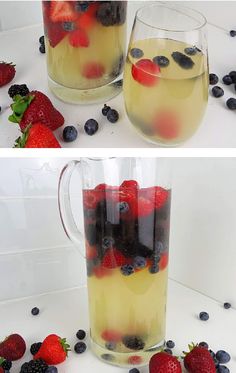 two pictures of fruit in a pitcher with ice and strawberries