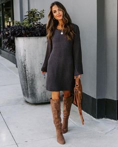 Dresses – VICI Hoddies Outfits, Knee Length Sweater Dress, Cute Date Outfits, Sweater Dresses, Autumn Fashion Casual, Fashion Over 40, Winter Dresses, Fall Dresses, Brown Boots