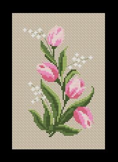 a cross stitch pattern with pink flowers