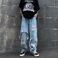 Destroyed Ripped Hole Denim Pant Harajuku High Streetwear Hip | Etsy Baggy Ripped Jeans, Casual Pants Style, Skater Girl Outfits, Aesthetic Grunge Outfit, Baggy Clothes, Denim Pants Women, Tomboy Style Outfits, Rock Punk