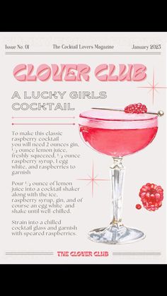 an advertisement for a cocktail with raspberries on the rim and text that reads clover club