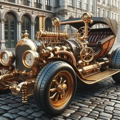 an antique car is parked on the cobblestone street