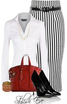 black white red ♥✤ | KeepSmiling | BeStayClassy Black And White Jacket Outfit, Simple Elegant Jewelry, Zebra Shoes, Fashion Design School, Black And White Jacket, Red Bag, Striped Skirt, Skirt White, Work Wardrobe