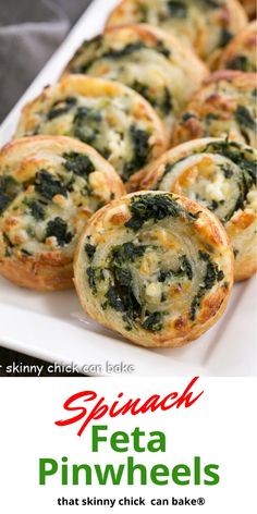 spinach and feta pinwheels on a white plate with text overlay