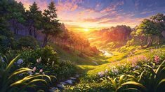 a painting of the sun setting over a lush green hillside with flowers and trees in the foreground