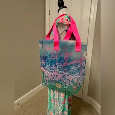 Lilly Pulitzer Perfect Beach Bag With Illustrations Of Bike And Sailboats. Nwot Pink Packable Travel Bag, Pink Packable Beach Bag, Pink Packable Shopping Bags, Pink Travel Bag For Vacation, Casual Pink Rectangular Beach Bag, Pink Rectangular Beach Bag For Travel, Pink Beach Bag For Daily Use During Beach Season, Trendy Pink Beach Bag For Travel, Pink Travel Bags For Beach Season