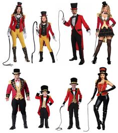 four different types of circus performers in red and black outfits, with one man holding a rope while the other woman holds a microphone