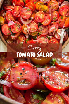 tomato salad using cherry tomatoes in a wooden salad bowl. Tomato Parmesan Salad, Tomatoes Recipes Fresh, Tomato Salad Ideas, Cherry Tomato Salad Recipes, Cherry Tomatoes Recipes Salad, Cherry Tomatoes Recipes, Cocktail Tomatoes, Marinated Cherry Tomatoes, Tomato Onion Salad