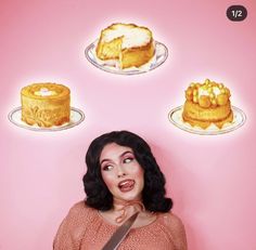 a woman is holding a knife in front of cakes on plates above her head and looking surprised at the camera