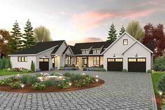 this is an artist's rendering of the front of a house with driveway and landscaping