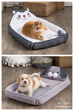 two pictures of a cat and dog laying on top of a pet bed, one in the shape of an animal