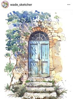 a watercolor painting of an old blue door