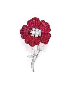 Diamond Flower Brooch, Ruby Flower, Marquise Cut Diamond, Ruby Jewelry