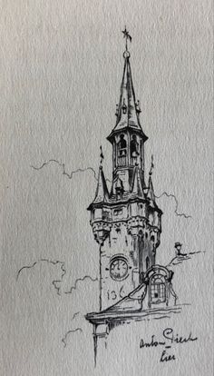 an ink drawing of a clock tower