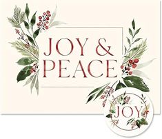 the joy and peace sticker is shown on top of a card with holly branches