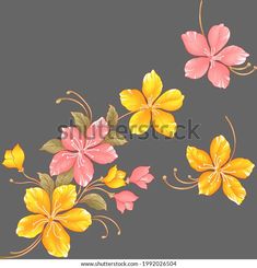 flowers on a gray background with yellow and pink petals, painted by hand in watercolor