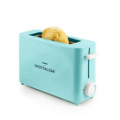 a blue toaster with two pieces of bread in it