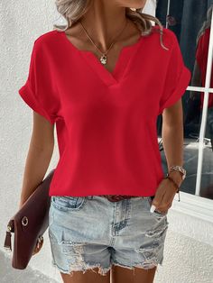 Women Plain Simple Casual Short Sleeve Blouse Red Casual  Short Sleeve Woven Fabric Plain Top Non-Stretch  Women Clothing, size features are:Bust: ,Length: ,Sleeve Length: Batwing Sleeve Blouse, Inspiration Mode, Red Blouses, Short Sleeve Blouse, Summer Shirts, Denim Wash, Denim Women